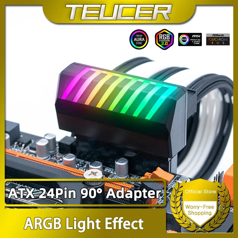 TEUCER ATX 24Pin Adapter 90 Degree ARGB Adapter for Desktop PC Motherboard DIY Computer Accessories